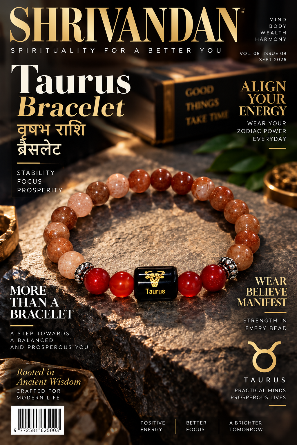 Sunstone & Carnelian Zodiac Bracelet for Taurus (वृषभ राशि)