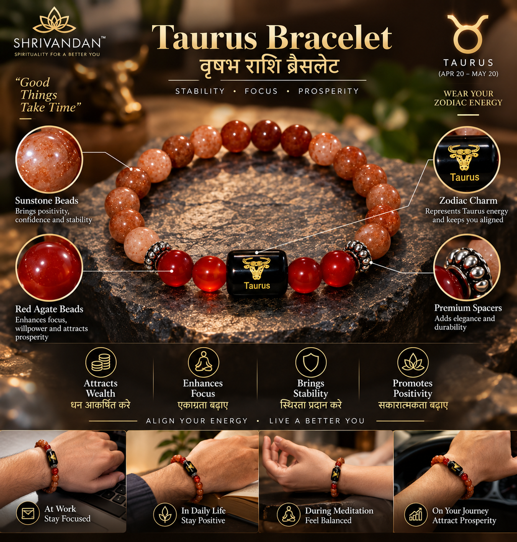 Sunstone & Carnelian Zodiac Bracelet for Taurus (वृषभ राशि)