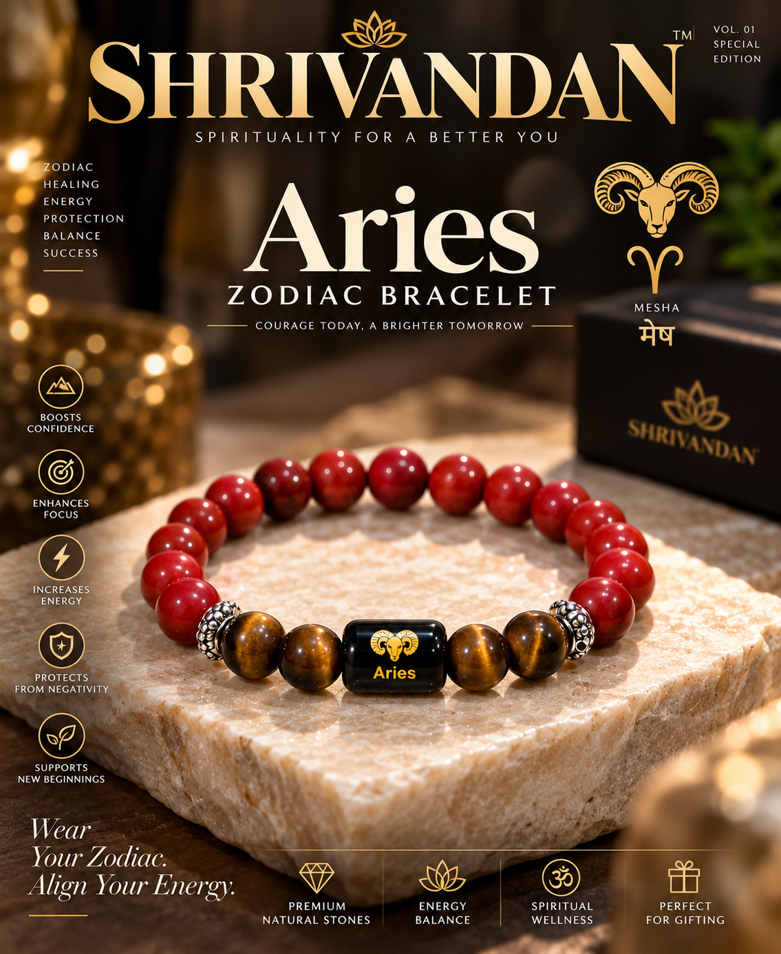 Zodiac Red Jasper & Tiger Eye Bracelet Aries for (मेष राशि)