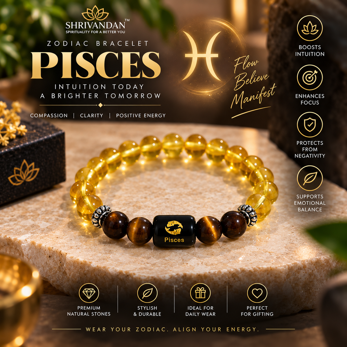 Pisces Zodiac Citrine & Tiger Eye Bracelet  (मीन राशि)
