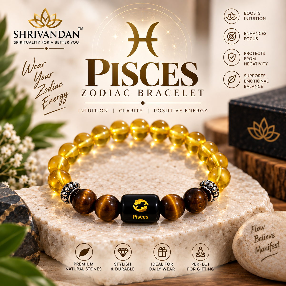 Pisces Zodiac Citrine & Tiger Eye Bracelet  (मीन राशि)