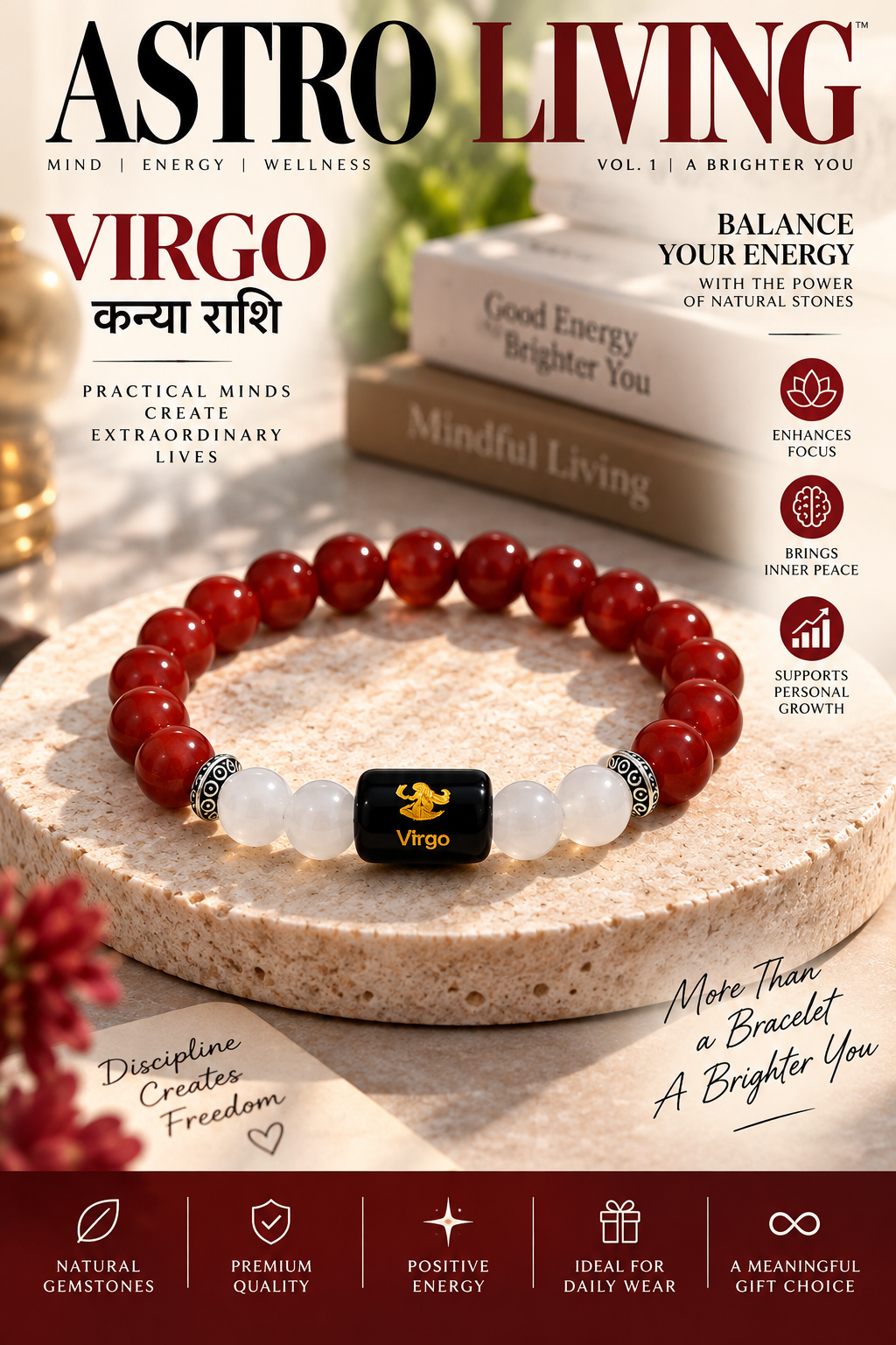 Carnelian & Milky Quartz Zodiac Band for Virgo (कन्या राशि)