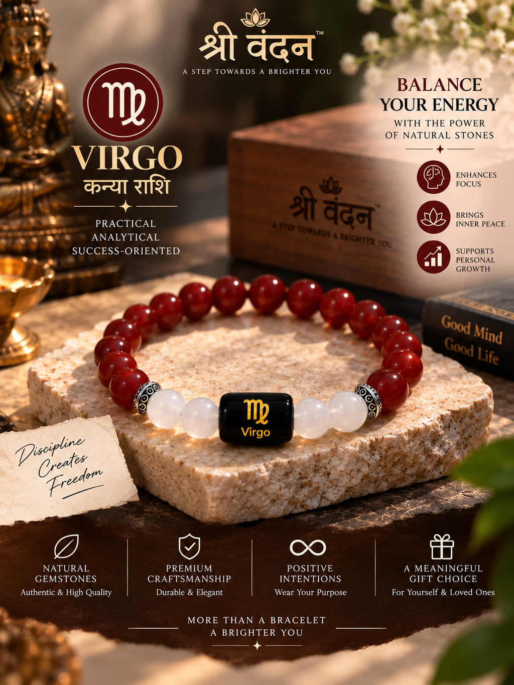 Carnelian & Milky Quartz Zodiac Band for Virgo (कन्या राशि)