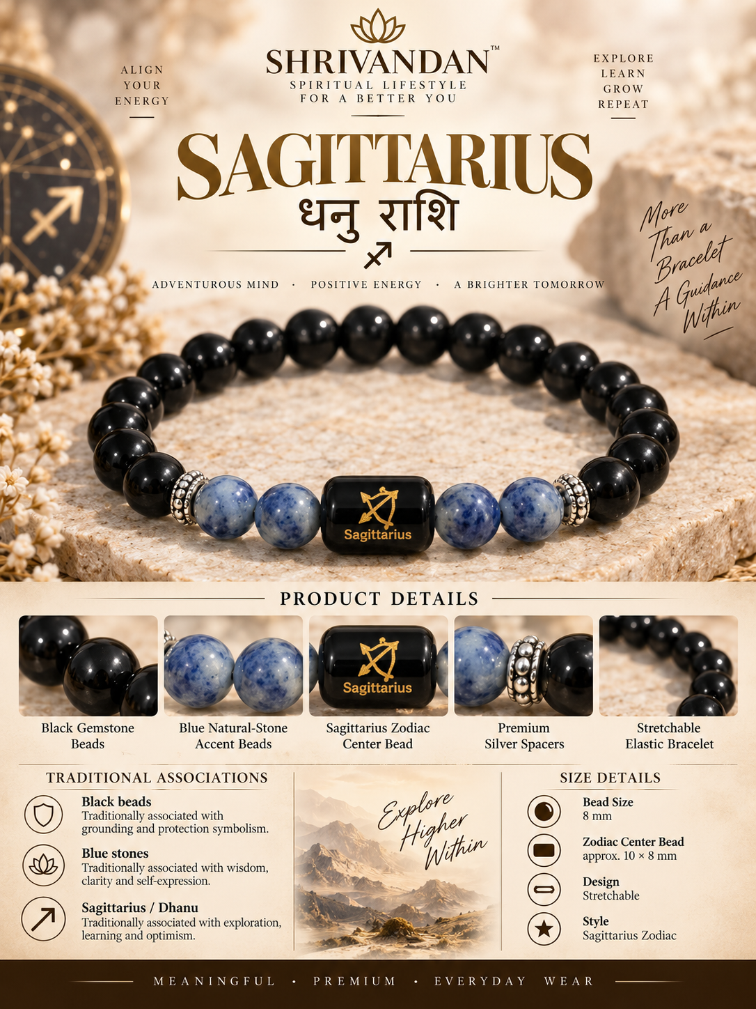 Black Obsidian & Lapis Lazuli Zodiac Bracelet for Sagittarius (धनु राशि)