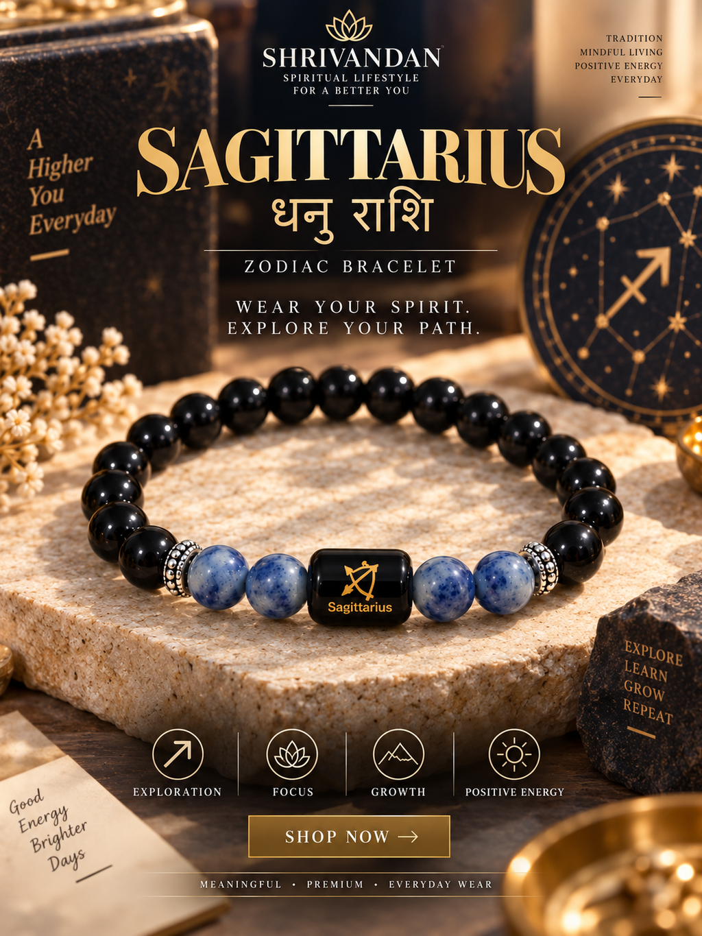 Black Obsidian & Lapis Lazuli Zodiac Bracelet for Sagittarius (धनु राशि)