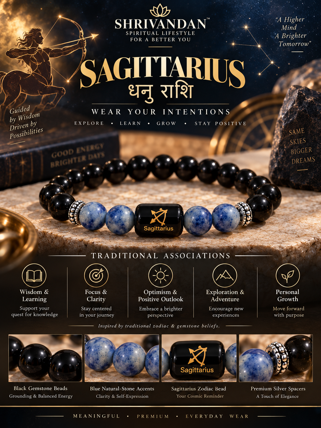 Black Obsidian & Lapis Lazuli Zodiac Bracelet for Sagittarius (धनु राशि)