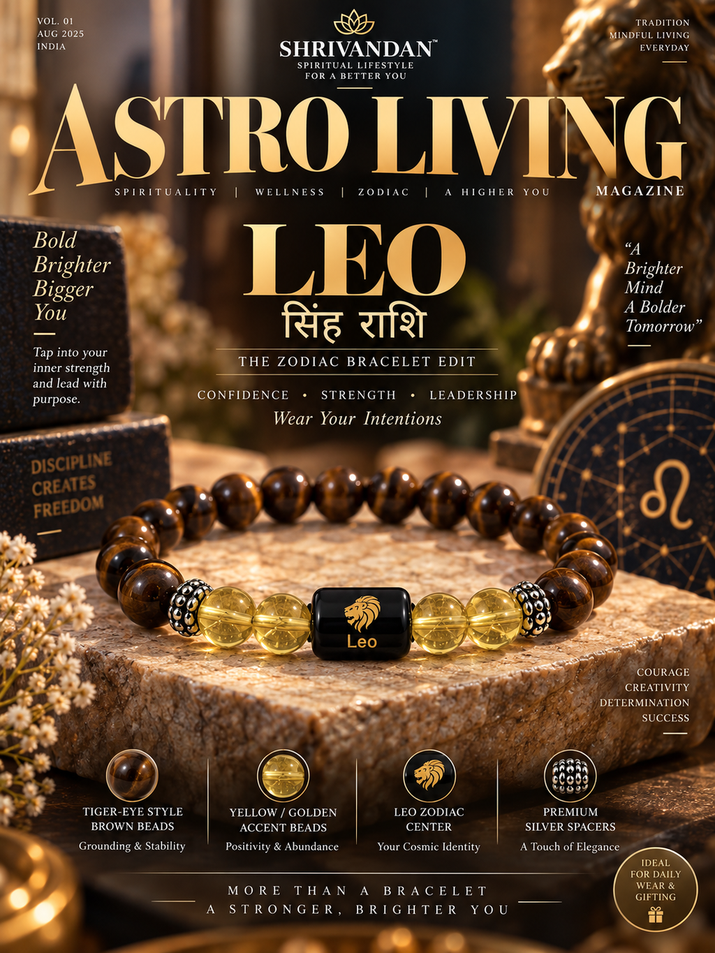 Tiger Eye & Citrine Zodiac Band for Leo (सिंह राशि)