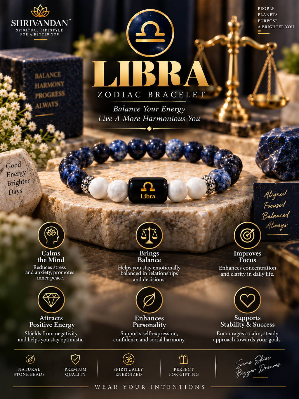 Lapis Lazuli & Howlite Zodiac Band for Libra (तुला राशि)