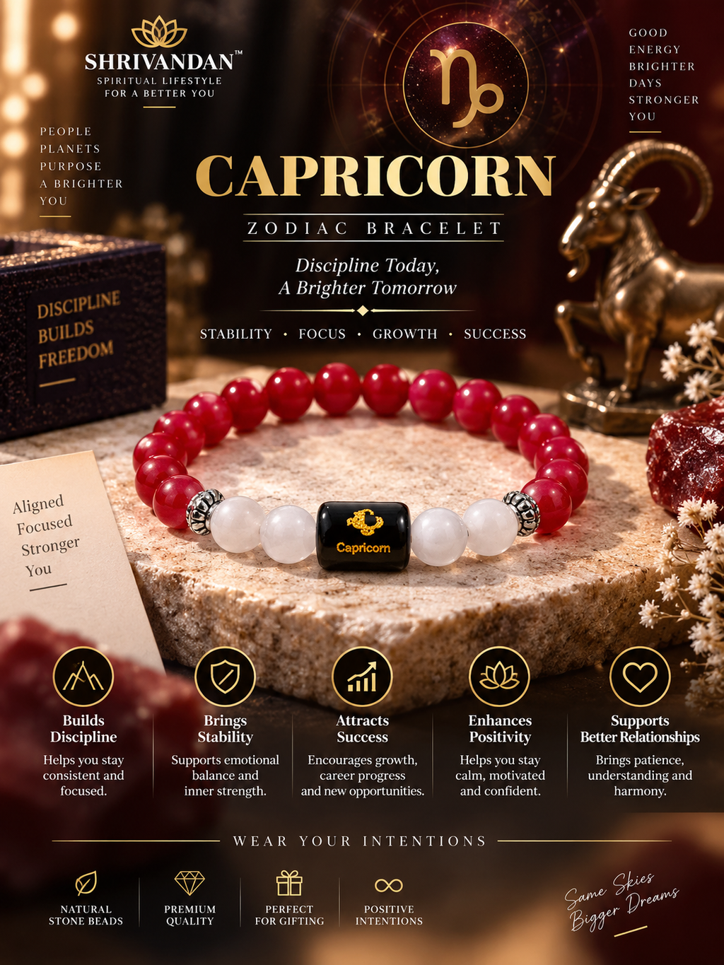 Red Agate & White Quartz Zodiac Bracelet for Capricorn (मकर राशि)