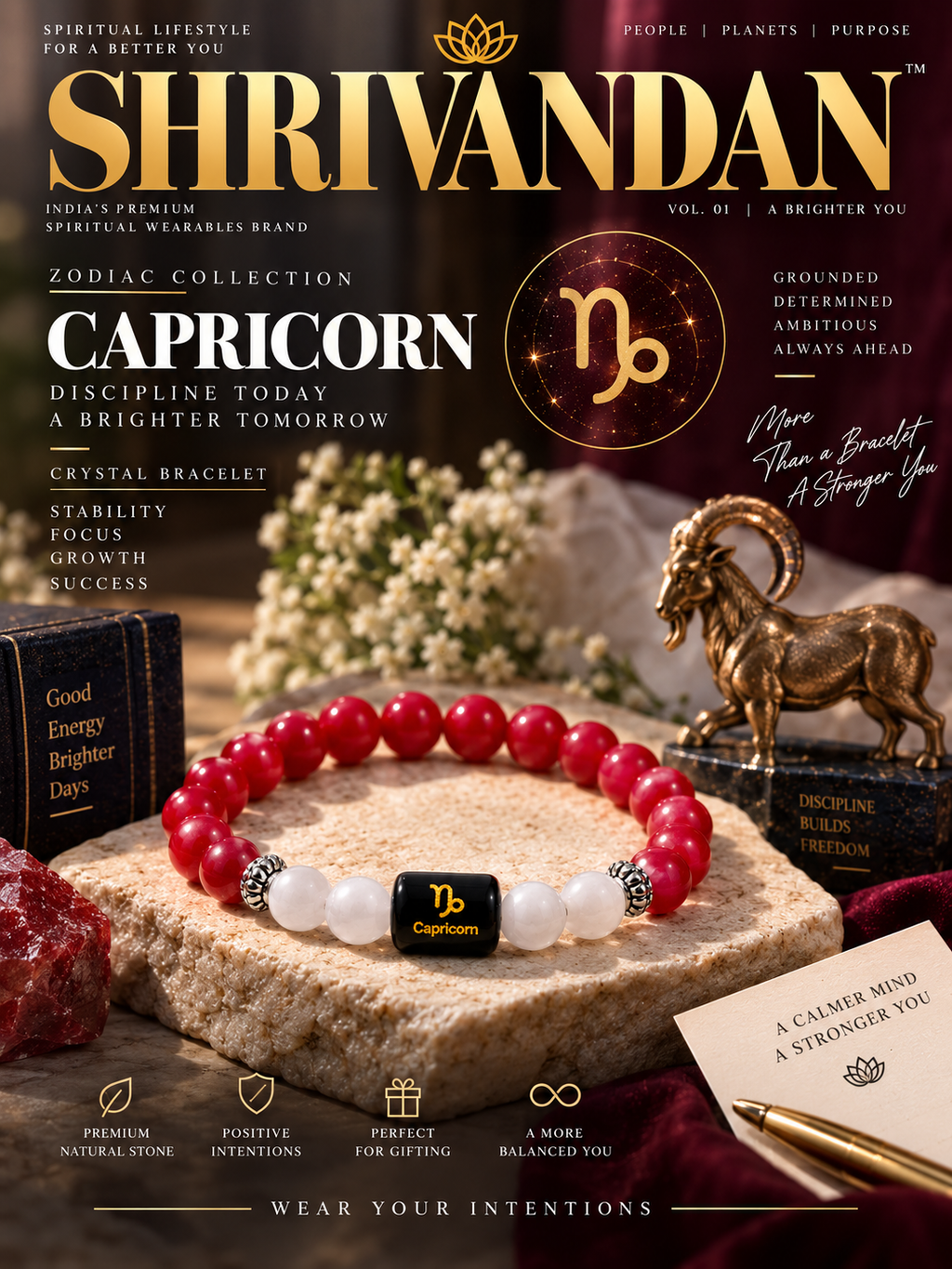 Red Agate & White Quartz Zodiac Bracelet for Capricorn (मकर राशि)