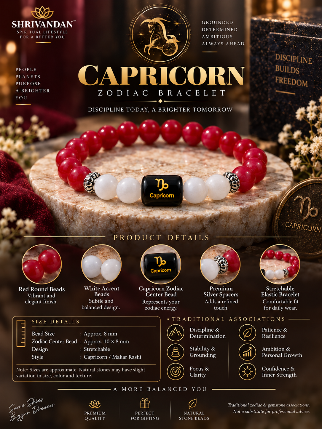 Red Agate & White Quartz Zodiac Bracelet for Capricorn (मकर राशि)