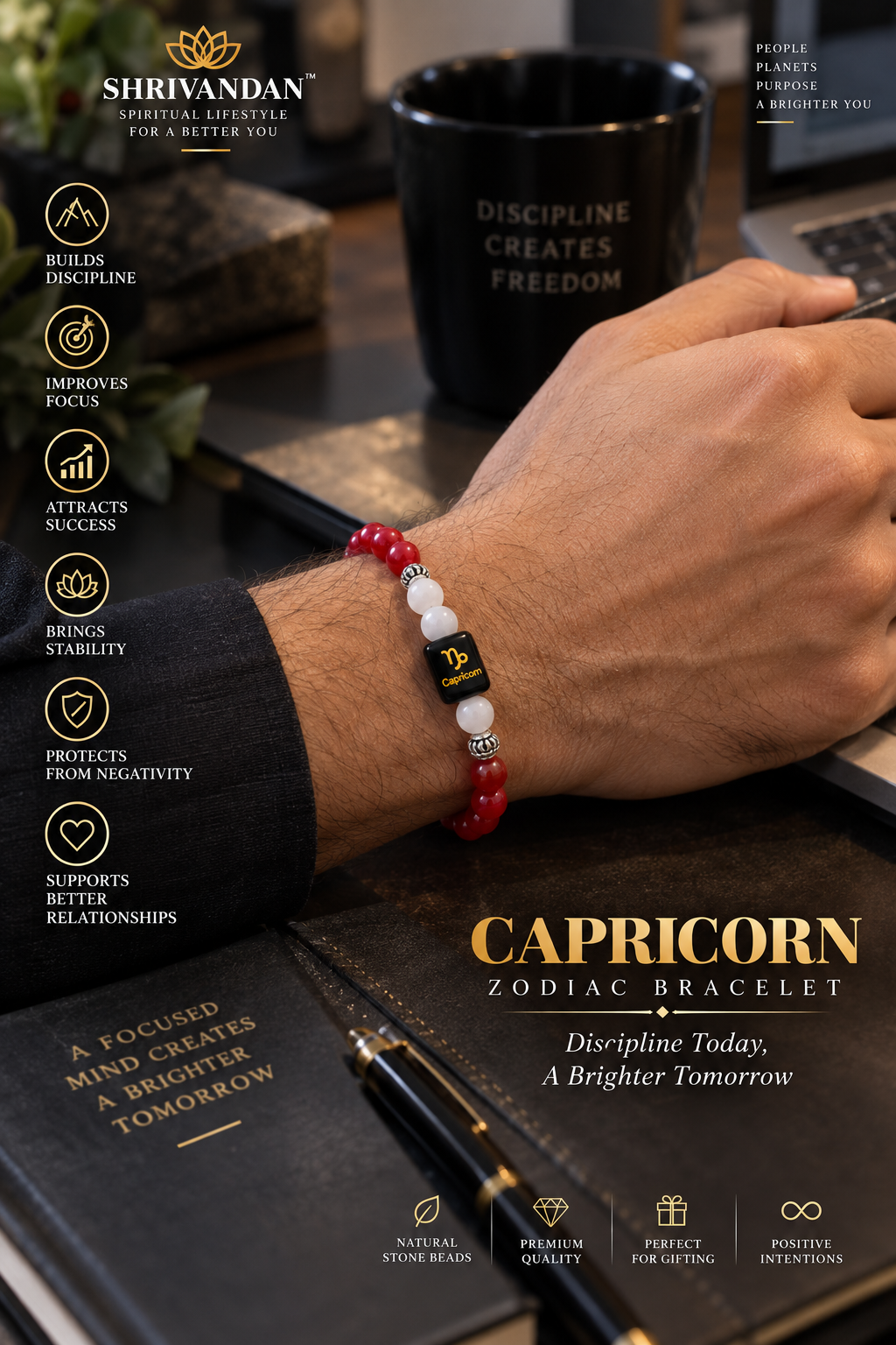 Red Agate & White Quartz Zodiac Bracelet for Capricorn (मकर राशि)