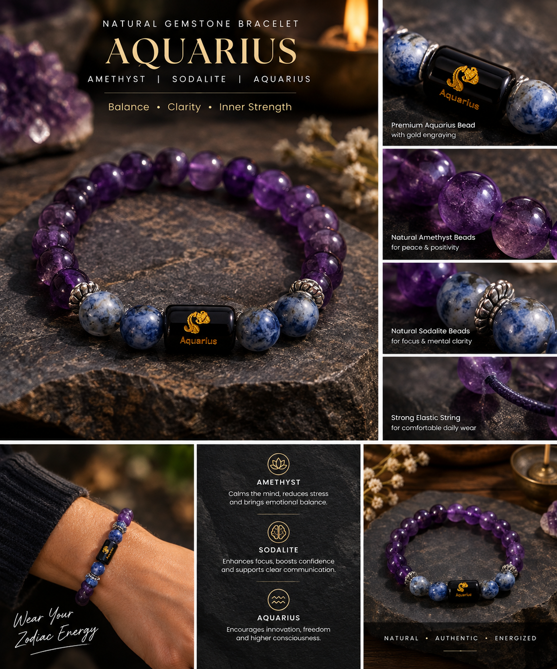 Amethyst & Sodalite Aquarius Zodiac Bracelet for Kumbh Rashi (कुंभ राशि)