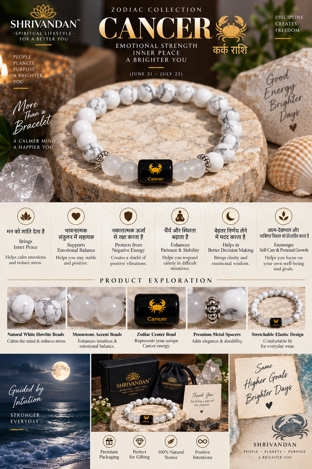 Howlite & Milky Quartz Zodiac Bracelet for Cancer (कर्क राशि)