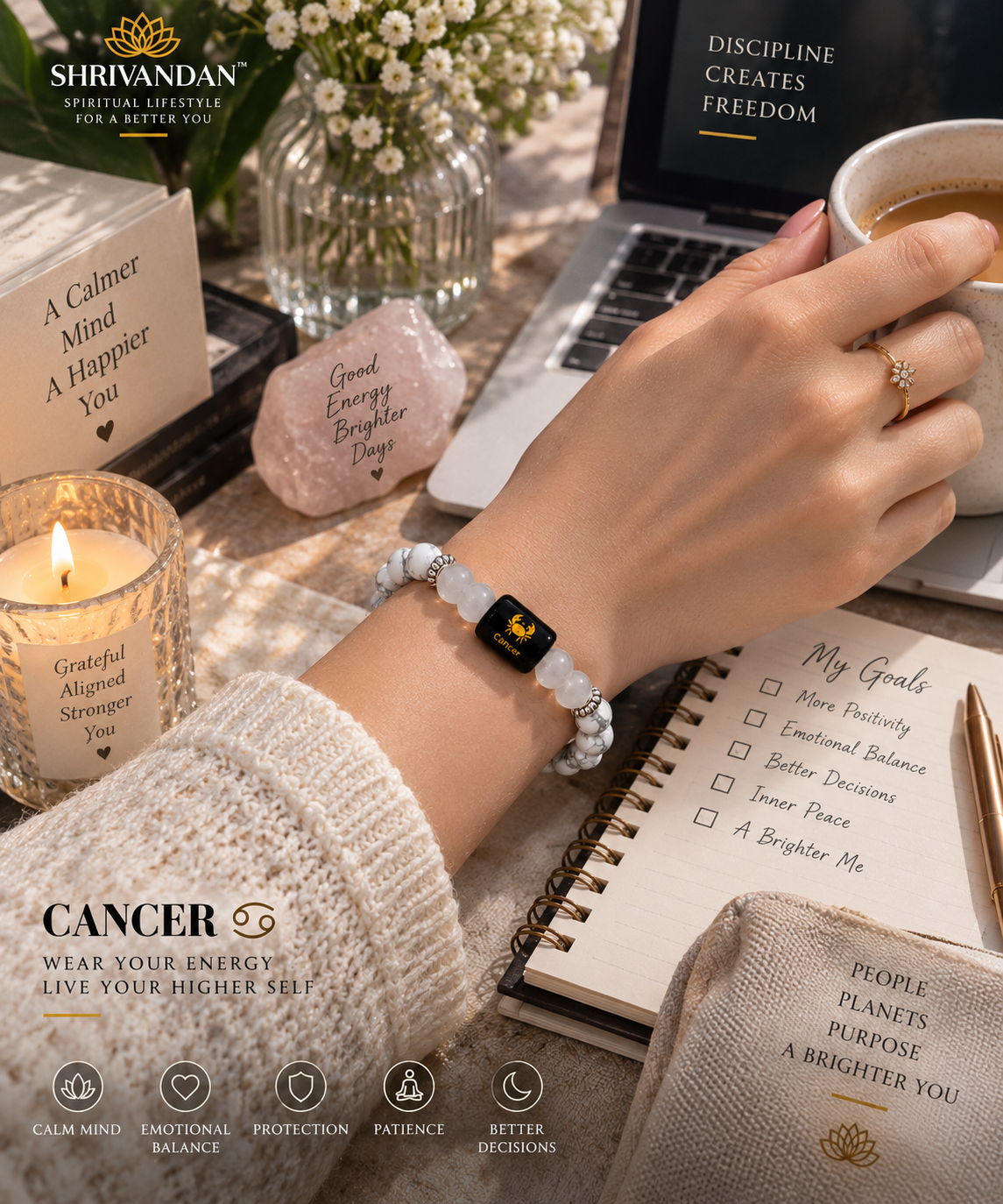 Howlite & Milky Quartz Zodiac Bracelet for Cancer (कर्क राशि)