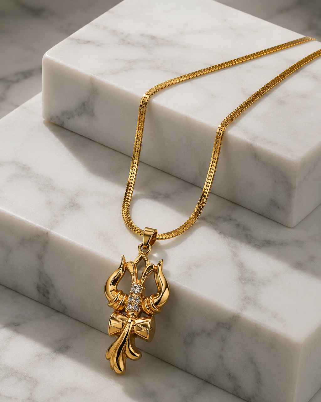 Trishul & Damaru Pendant with Chain (Gold Plated) - American Diamond Studded
