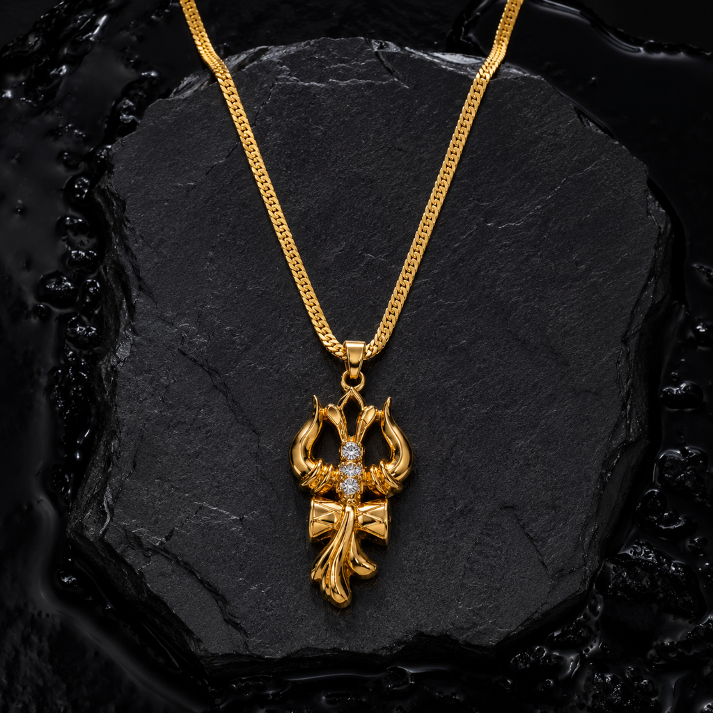 Trishul & Damaru Pendant with Chain (Gold Plated) - American Diamond Studded