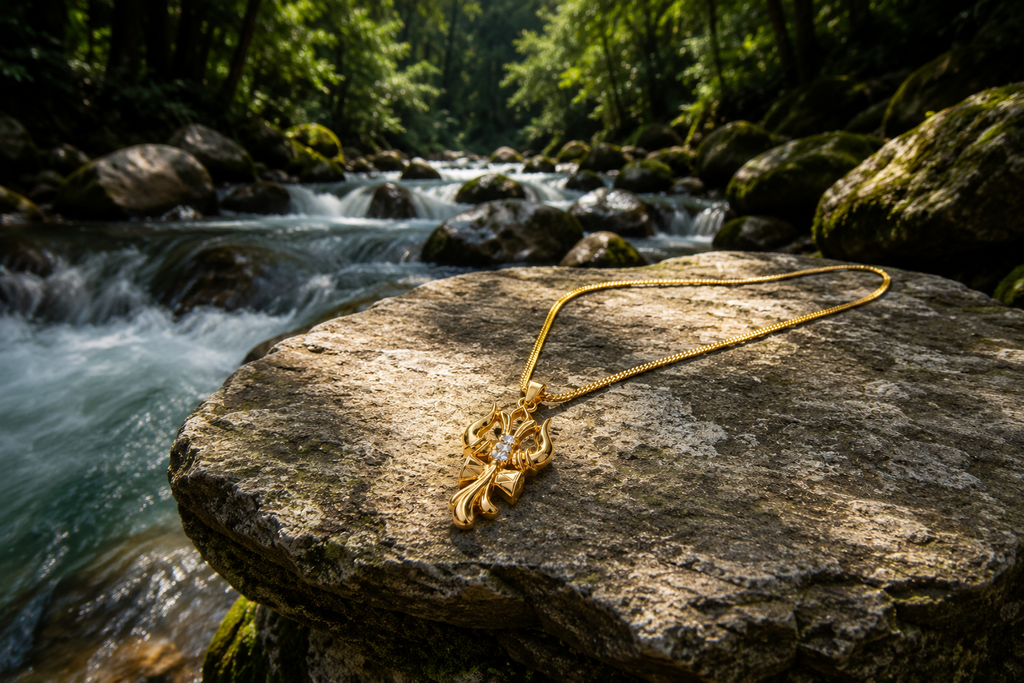 Trishul & Damaru Pendant with Chain (Gold Plated) - American Diamond Studded