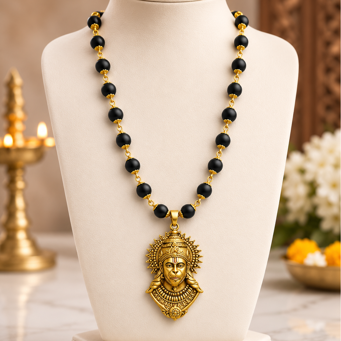 Sankat Mochan: Premium Gold-Plated Hanuman Pendant with Sacred Black Bead Mala