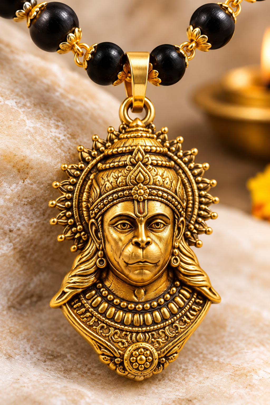 Sankat Mochan: Premium Gold-Plated Hanuman Pendant with Sacred Black Bead Mala