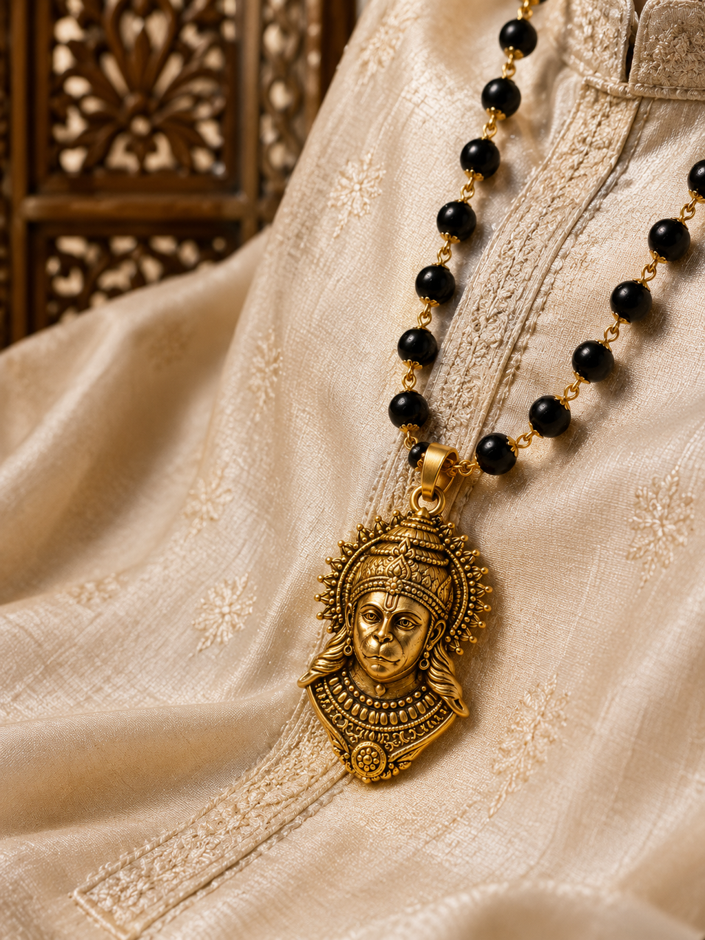 Sankat Mochan: Premium Gold-Plated Hanuman Pendant with Sacred Black Bead Mala
