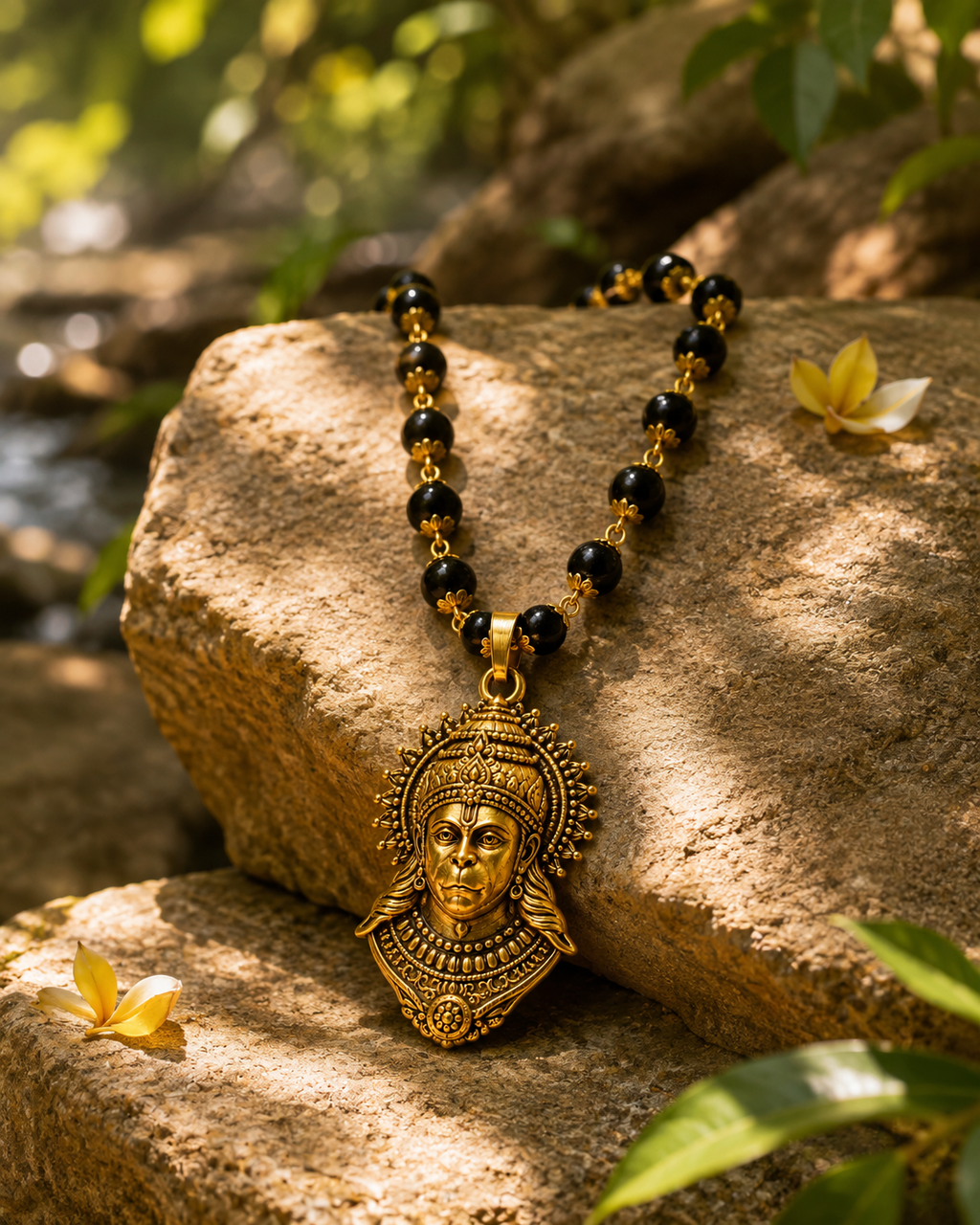 Sankat Mochan: Premium Gold-Plated Hanuman Pendant with Sacred Black Bead Mala