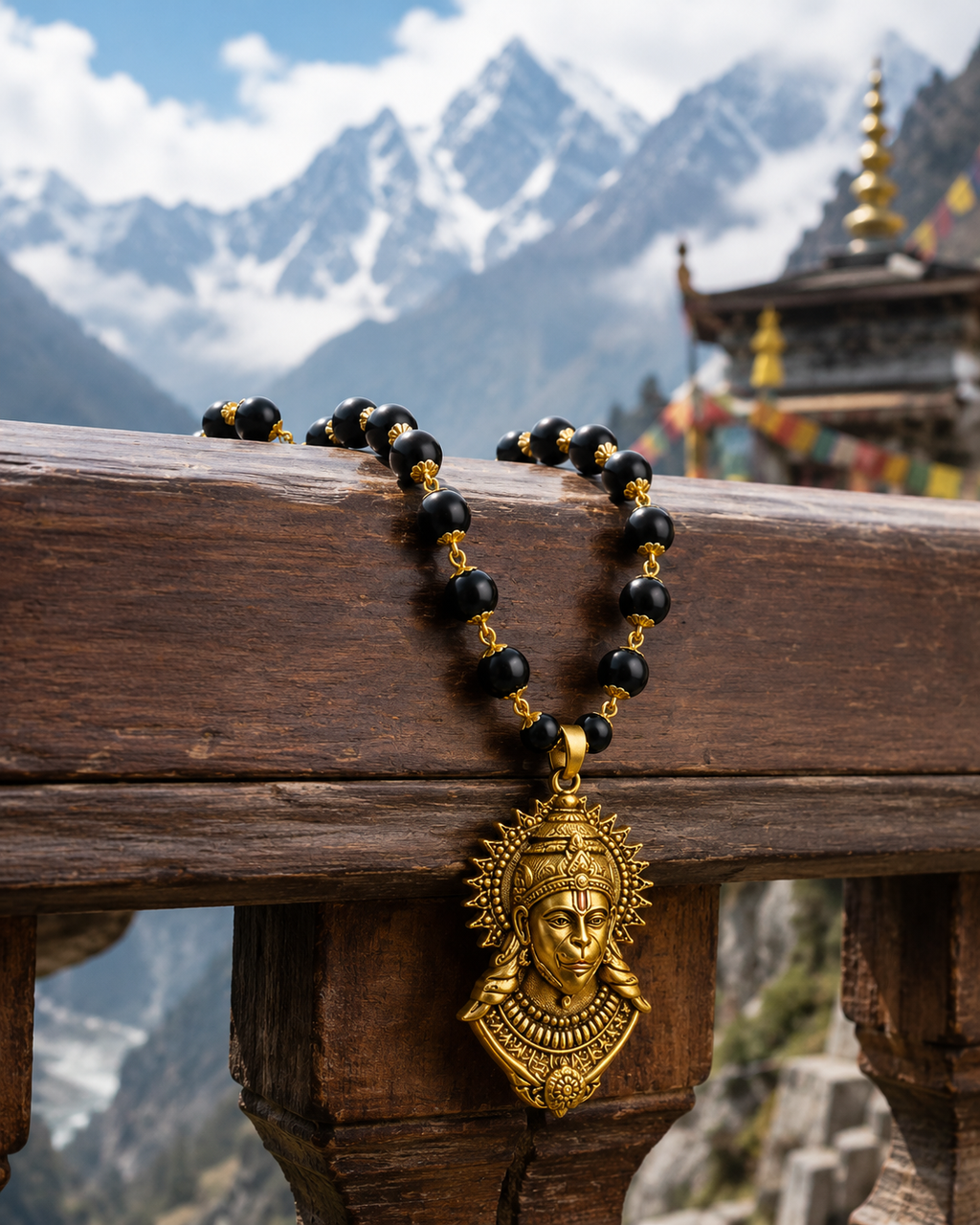 Sankat Mochan: Premium Gold-Plated Hanuman Pendant with Sacred Black Bead Mala