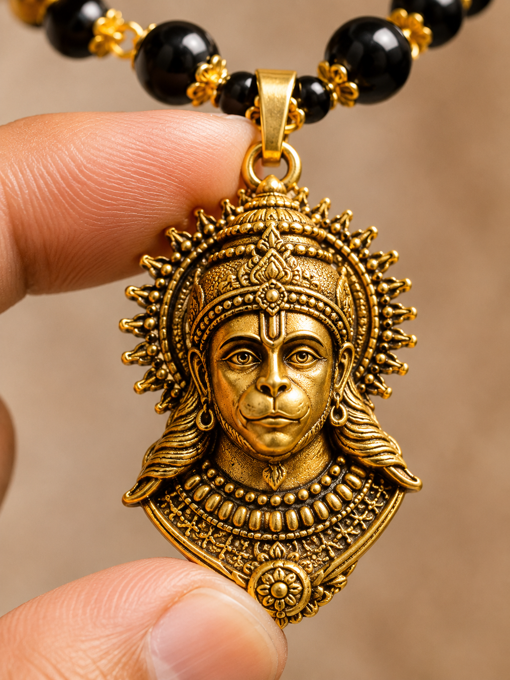 Sankat Mochan: Premium Gold-Plated Hanuman Pendant with Sacred Black Bead Mala