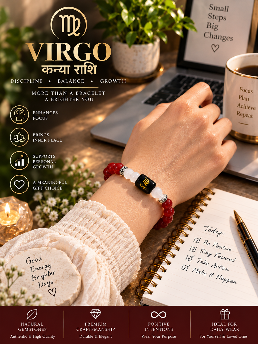 Carnelian & Milky Quartz Zodiac Band for Virgo (कन्या राशि)