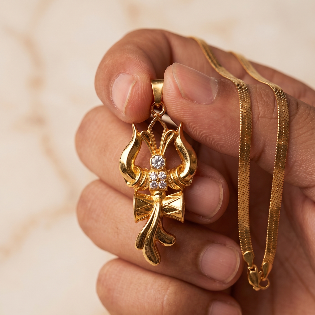 Trishul & Damaru Pendant with Chain (Gold Plated) - American Diamond Studded