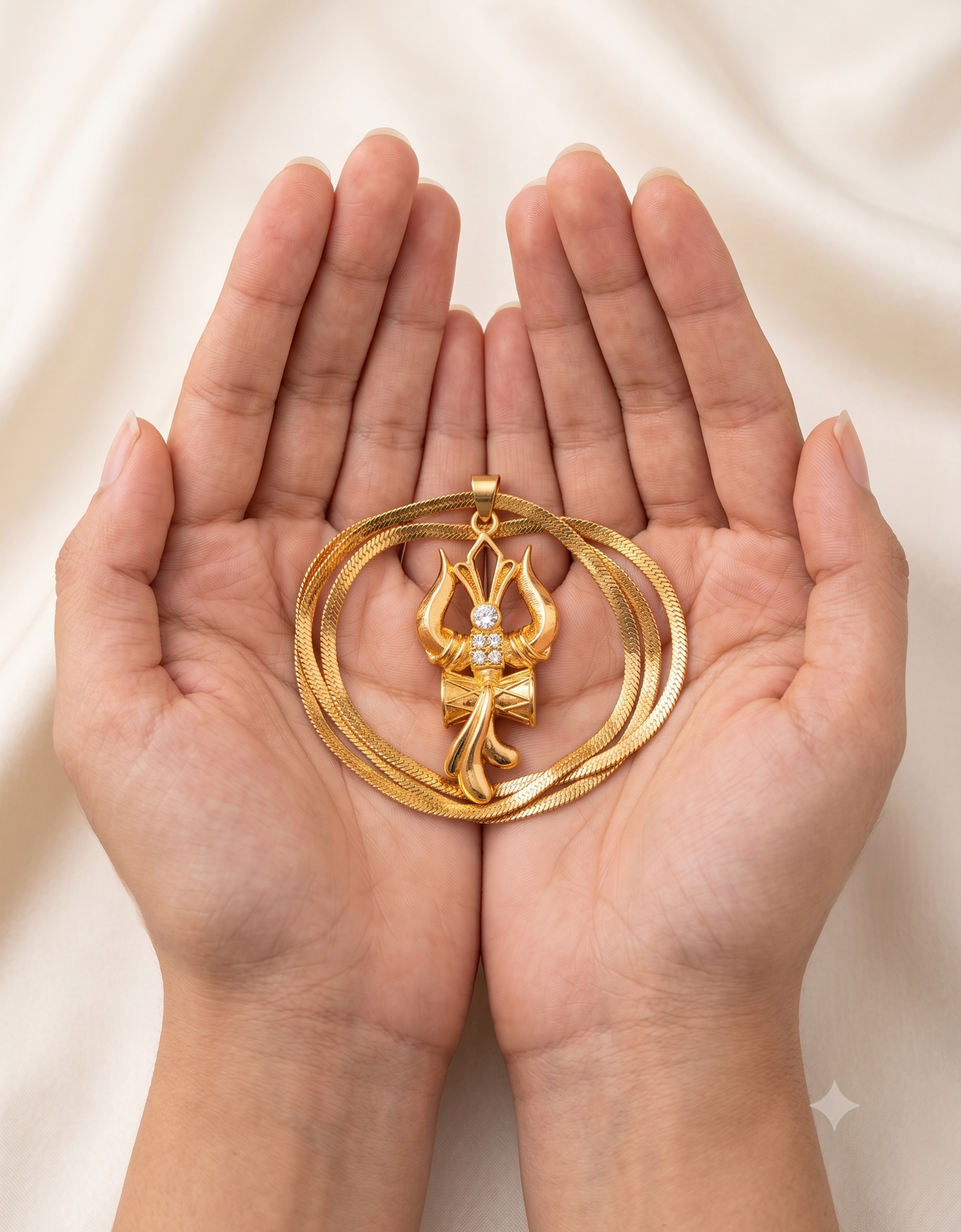 Trishul & Damaru Pendant with Chain (Gold Plated) - American Diamond Studded