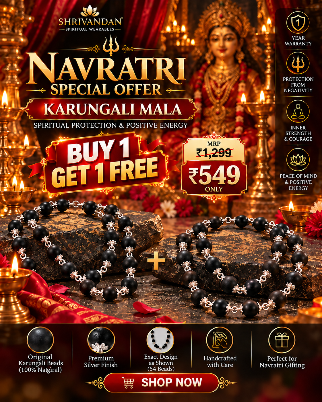 Original Karungali Mala Buy 1 Get 1 Free - Premium Silver Finish